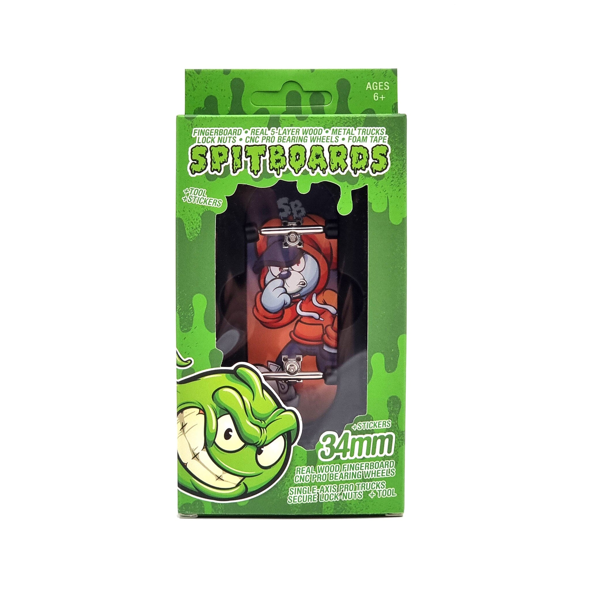 34mm x 96mm Pro Fingerboard Set-Up (Complete) | Real Wood Deck (5-Layers) | Pro Trucks with Lock-Nuts | Polyurethane Pro Wheels | Real Ball Bearings | Hooded Teddy  SPITBOARDS