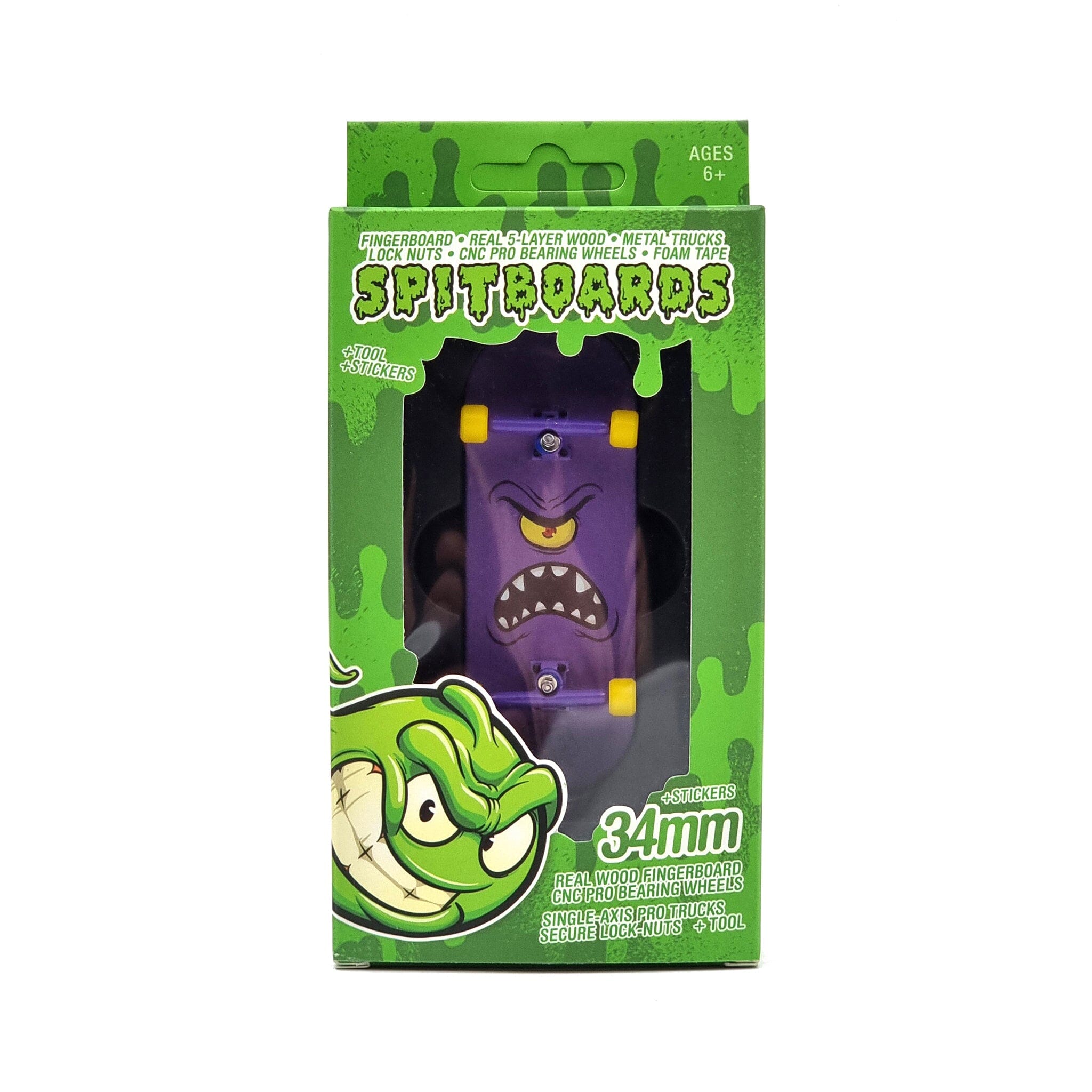 34mm x 96mm Pro Fingerboard Set-Up (Complete) | Real Wood Deck (5-Layers) | Pro Trucks with Lock-Nuts | Polyurethane Pro Wheels | Real Ball Bearings | Purple Face  SPITBOARDS