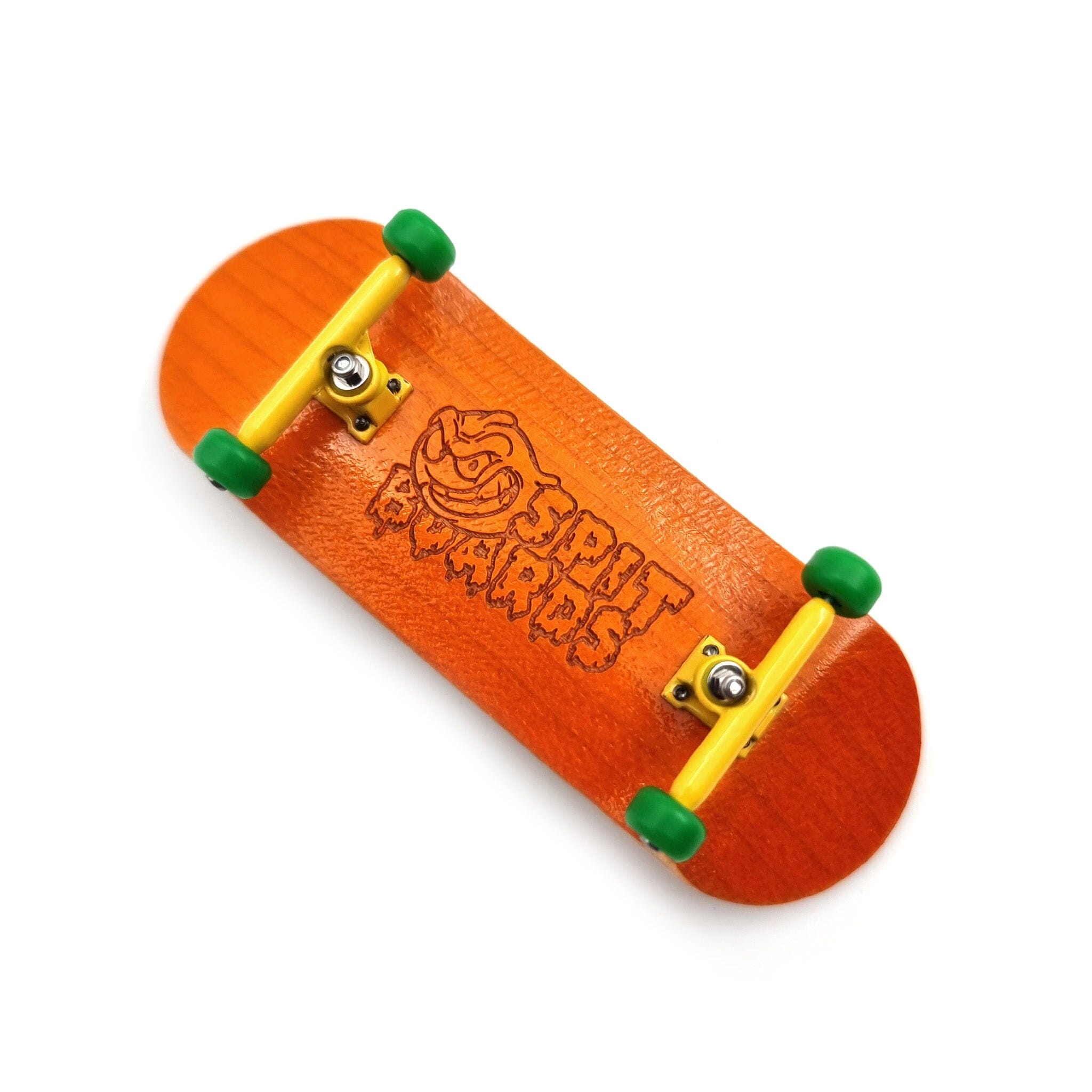 34 mm Fingerboard Complete Wood Pro Set-Up (Pre-Assembled, 5-Layers), Pro Trucks, CNC Bearing Wheels, Foam Grip Tape, (Deck: Orange, Trucks: Yellow, Wheels: Green) 34 mm Pro Fingerboard SPITBOARDS