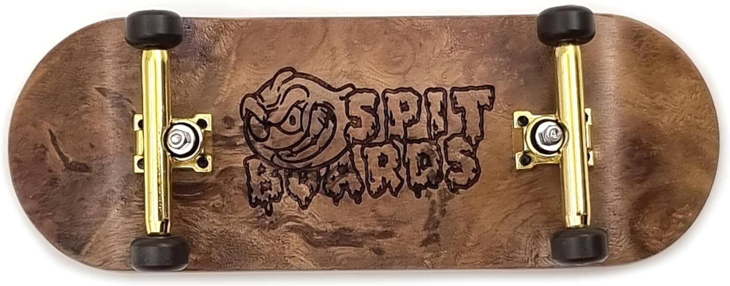 SPITBOARDS 34 mm Fingerboard Complete Wood Pro Set-Up (Pre-Assembled, 5-Layers), Pro Trucks, CNC Bearing Wheels, Foam Grip Tape | Burning Midnight (deck: burl | trucks: gold | wheels: brown) 34 mm Pro Fingerboard