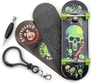 32 x 96 mm Fingerboard Complete Wood Set-Up Assembled, 5-Layers, Silver Trucks with Bushings and Nuts, CNC Bearing Wheels in Transparent-Green, Lasered Grip Tape Lime Green Skull and Bones  SPITBOARDS
