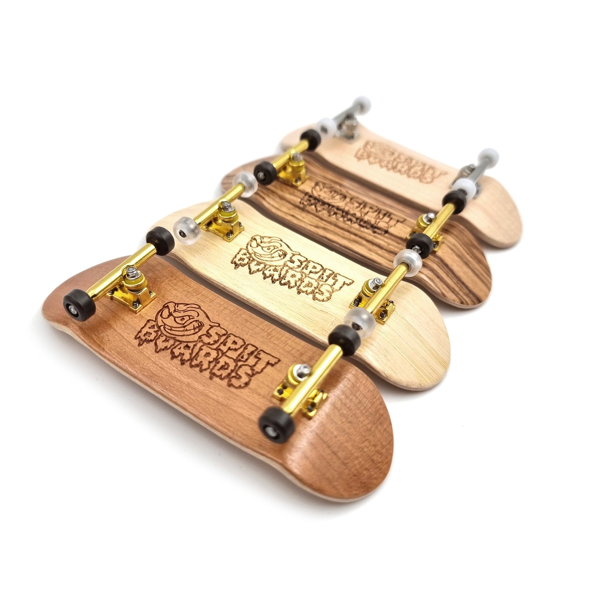 34mm Fingerboard Complete Wood Pro Set-Up (Pre-Assembled, 5-Layers), Pro Trucks, CNC Bearing Wheels, Foam Grip Tape, (Deck: Zebra Wood, Trucks: Gold, Wheels: Brown) 34 mm Pro Fingerboard SPITBOARDS