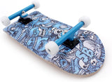 36 x 96 mm Wood Fingerboard Complete Set-Up, Pre Assembled, 5-Layers Wood, Pro Trucks with Lock Nuts, CNC Bearing Wheels, Real Wear Graphics, Lasered Foam Grip Tape, Blue Mummy Skulls