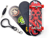 32 x 96 mm Fingerboard Complete Wood Set-Up Assembled, 5-Layers, Silver Trucks with Bushings and Nuts, CNC Bearing Wheels in Transparent-Green, Lasered Grip Tape Red Octoskull