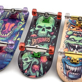 32 x 96 mm Fingerboard Complete Wood Set-Up Assembled, 5-Layers, Silver Trucks with Bushings and Nuts, CNC Bearing Wheels in Transparent-Green, Lasered Grip Tape Orange Green Skull  SPITBOARDS   