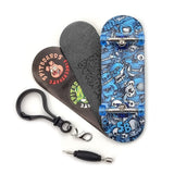 32 x 96 mm Fingerboard Complete Wood Set-Up Assembled, 5-Layers, Silver Trucks with Bushings and Nuts, CNC Bearing Wheels in Transparent-Green, Lasered Grip Tape Blue Mummy Skulls