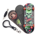 32 x 96 mm Fingerboard Complete Wood Set-Up Assembled, 5-Layers, Silver Trucks with Bushings and Nuts, CNC Bearing Wheels in Transparent-Green, Lasered Grip Tape Orange Green Skull