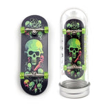 32 x 96 mm Fingerboard Complete Wood Set-Up Assembled, 5-Layers, Silver Trucks with Bushings and Nuts, CNC Bearing Wheels in Transparent-Green, Lasered Grip Tape Lime Green Skull and Bones  SPITBOARDS   