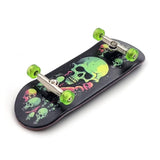 32 x 96 mm Fingerboard Complete Wood Set-Up Assembled, 5-Layers, Silver Trucks with Bushings and Nuts, CNC Bearing Wheels in Transparent-Green, Lasered Grip Tape Lime Green Skull and Bones  SPITBOARDS   