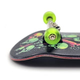 32 x 96 mm Fingerboard Complete Wood Set-Up Assembled, 5-Layers, Silver Trucks with Bushings and Nuts, CNC Bearing Wheels in Transparent-Green, Lasered Grip Tape Lime Green Skull and Bones  SPITBOARDS   