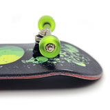 32 x 96 mm Fingerboard Complete Wood Set-Up Assembled, 5-Layers, Silver Trucks with Bushings and Nuts, CNC Bearing Wheels in Transparent-Green, Lasered Grip Tape Lime Green Skull and Bones  SPITBOARDS   