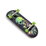 32 x 96 mm Fingerboard Complete Wood Set-Up Assembled, 5-Layers, Silver Trucks with Bushings and Nuts, CNC Bearing Wheels in Transparent-Green, Lasered Grip Tape Lime Green Skull and Bones  SPITBOARDS   