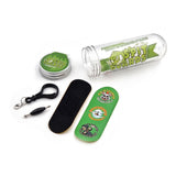 32 x 96 mm Fingerboard Complete Wood Set-Up Assembled, 5-Layers, Silver Trucks with Bushings and Nuts, CNC Bearing Wheels in Transparent-Green, Lasered Grip Tape Cute Critters  SPITBOARDS   